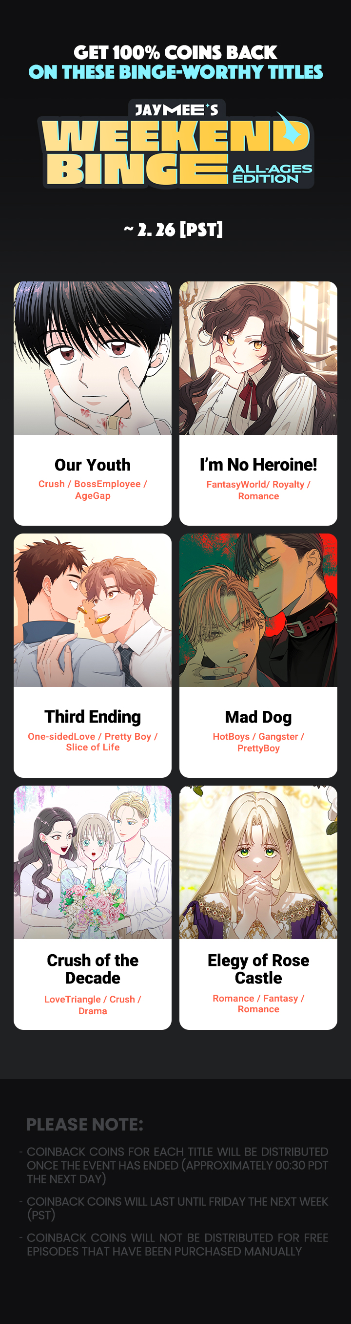 Jaymee's Weekend Binge Get 100 Coins Back for these titles! Lezhin