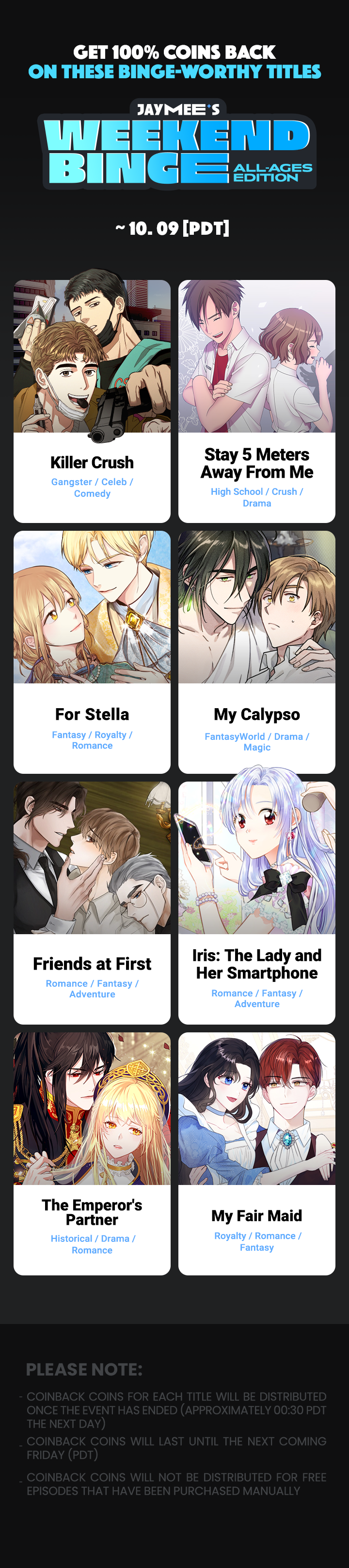 Jaymee's Weekend Binge Get 100 Coins Back for these titles! Lezhin